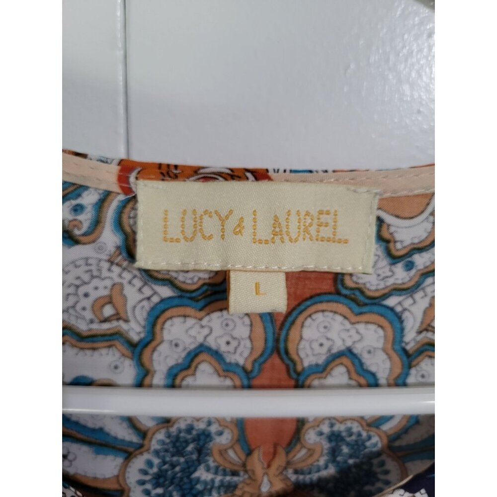 Lucy & Laurel Tunic Blouse Women's SZ L Boho Multicolored Paisley 3/4 Sleeve - Picture 3 of 7